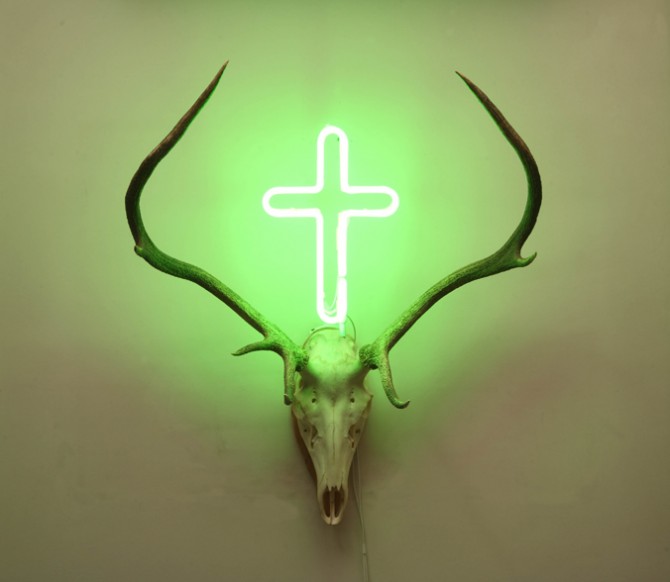 Luis F. Benedit, San Hubertus (detail), 2008, wood, neon light, head and deer antlers and epoxi resin, 99 x 83 x 20 cm. and 20 x 22 x 10 cm.
