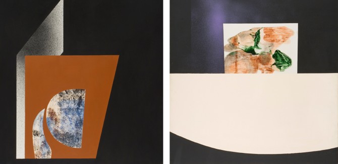 Maqueta para un monumento en la luna, 1971, acrílico sobre tela, 180 x 180 cm. La sonrisa de los del cielo, 1971, acrílico sobre tela, 180 x 175 cm.